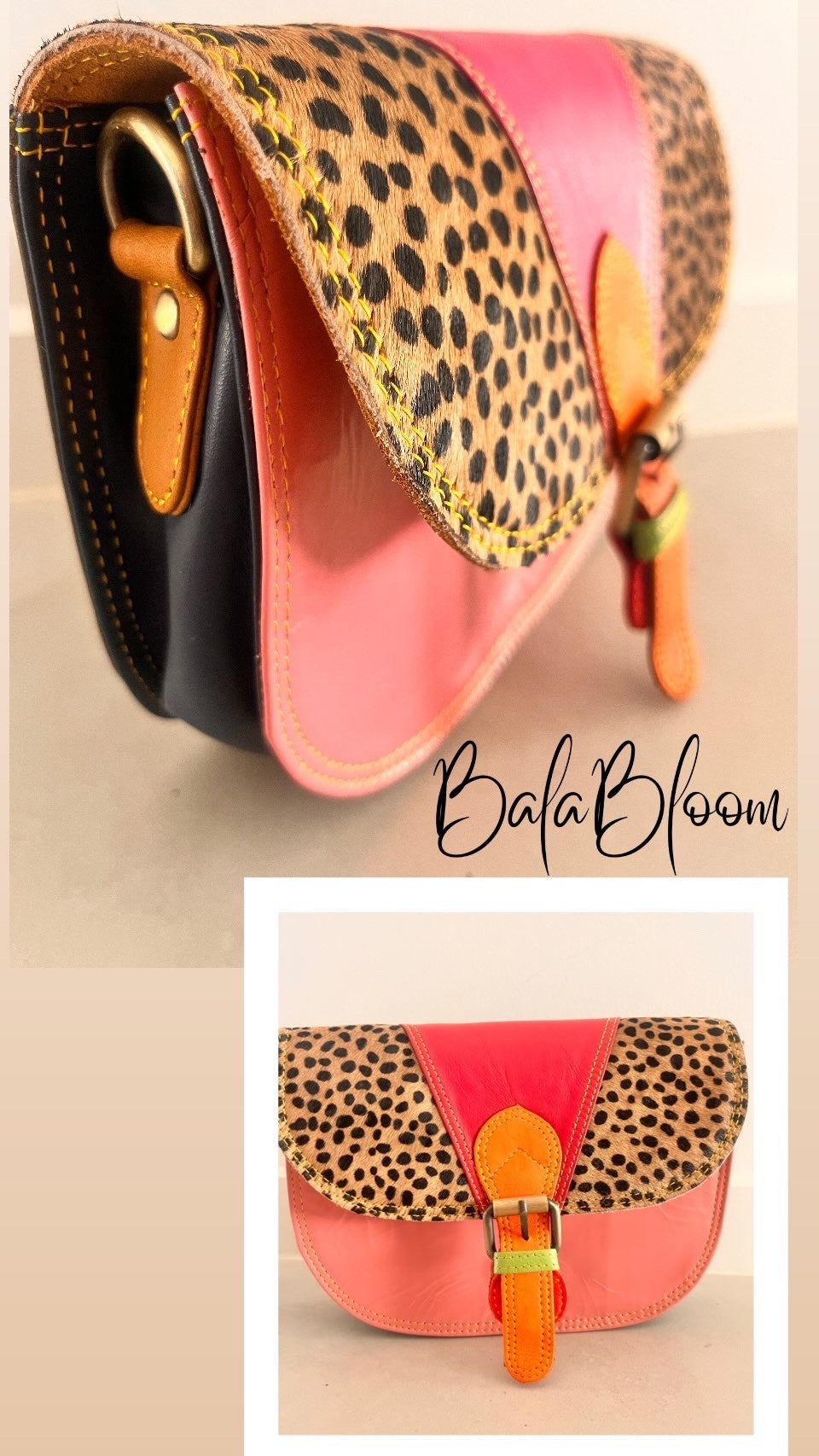 BalaBloom Leather Bag - Pink, orange, navy and spot print