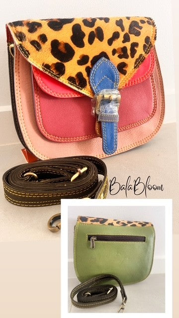 BalaBloom Bag - Red and green with cheetah round blue strap