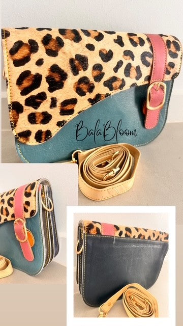 BalaBloom Leather Bag - Blue, pink and cheetah print