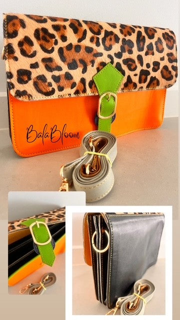 BalaBloom Leather Bag - Orange, green and cheetah print
