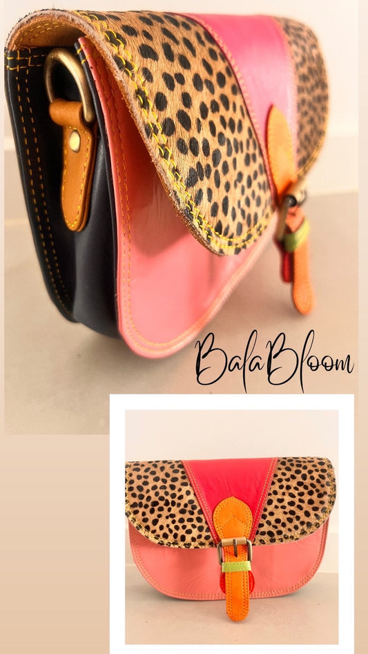 BalaBloom Leather Bag - Pink, orange, navy and spot print