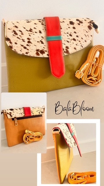 BalaBloom Bag - Spotted with olive and orange slimline red strap